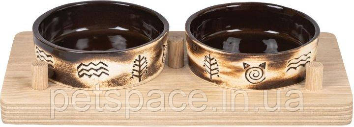 Керамічні миски для собак і кішок на дерев'яній підставці Природа Етно 2/200мл, фото 1