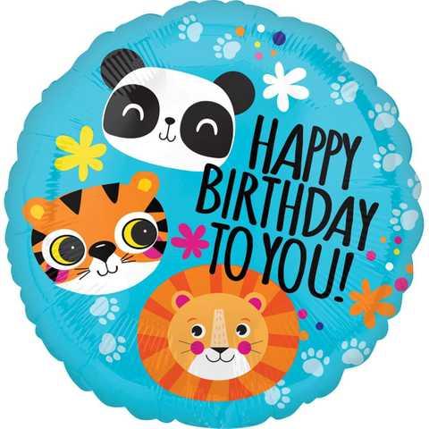 Фольгована кулька круг "Happy Birthday тваринки" блакитна 18"(45см) 1шт.