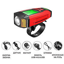 Велофара з комп'ютером, сигналом і сигналізацією AS0808-XPG+2LED(yellow)+2COB(red), виносна кнопка, Waterproof, аккум., ЗУ microUS, фото 5
