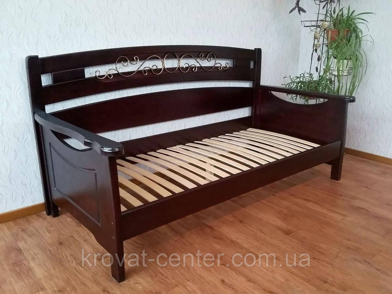 Прямой односпальный диван из массива натурального дерева с кованным элементом "Премиум" от производителя 70х200, венге - фото 1 - id-p1464958618