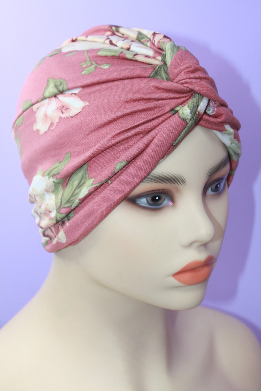 Чалма 54-60 рр подвійна трикотажна принт квіти рожева, фото 1