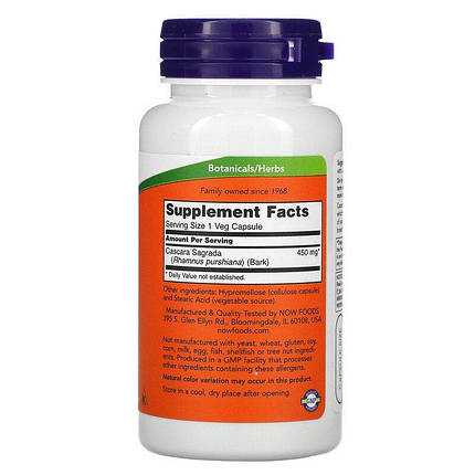 NOW Foods Cascara Sagrada 450 mg 100 VCaps, фото 2