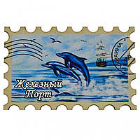 Марка - магнит №7 "Дельфины и корабль" Железный Порт