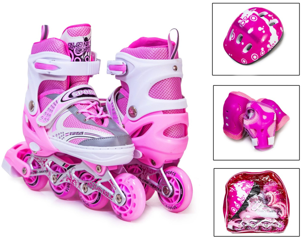 Дитячі розсувні ролики 34-37 з комплектом захисту та шоломом Happy Pink підсвічування колеса