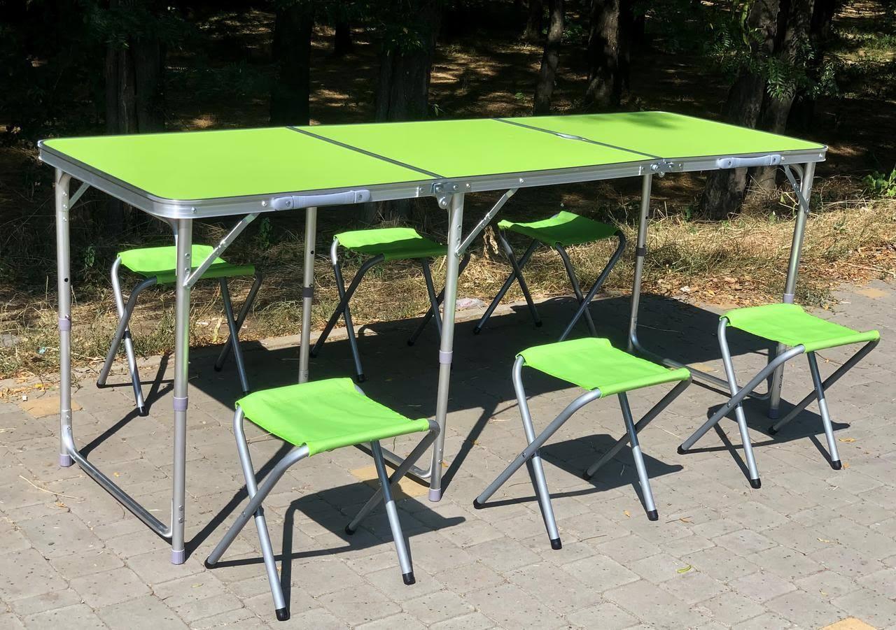 Стіл Розкладний Мега Великий 60 на 180 см для пікніка + 6 стільців, отвір під парасольку. Салатовий.