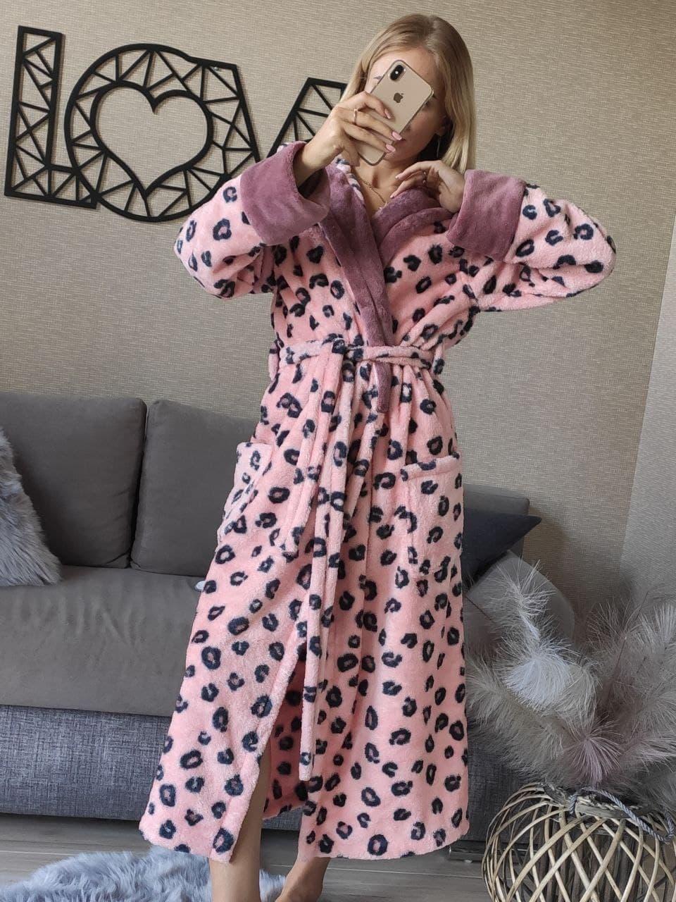 Халат теплий махровий жіночий довгий з капюшоном м'який пухнастий леопард, фото 1