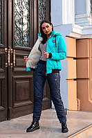 Зимний стильный теплый лыжный женский синтепоновый костюм батал куртка на овчине (р.50-56). Арт-1205/29 бирюзовый