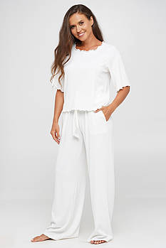 Трикотажний молочний комплект у рубчик штани та футболка