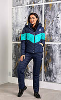 Зимовий стильний теплий лижний жіночий синтепоновий костюм великих розмірів із яскравими вставками (р.50-56). Арт-1207/29 синій +бірюза