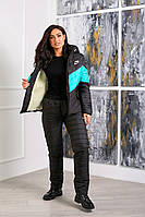 Зимний стильный теплый лыжный женский синтепоновый костюм больших размеров с яркими вставками. Арт-1207/29 черный+бирюза