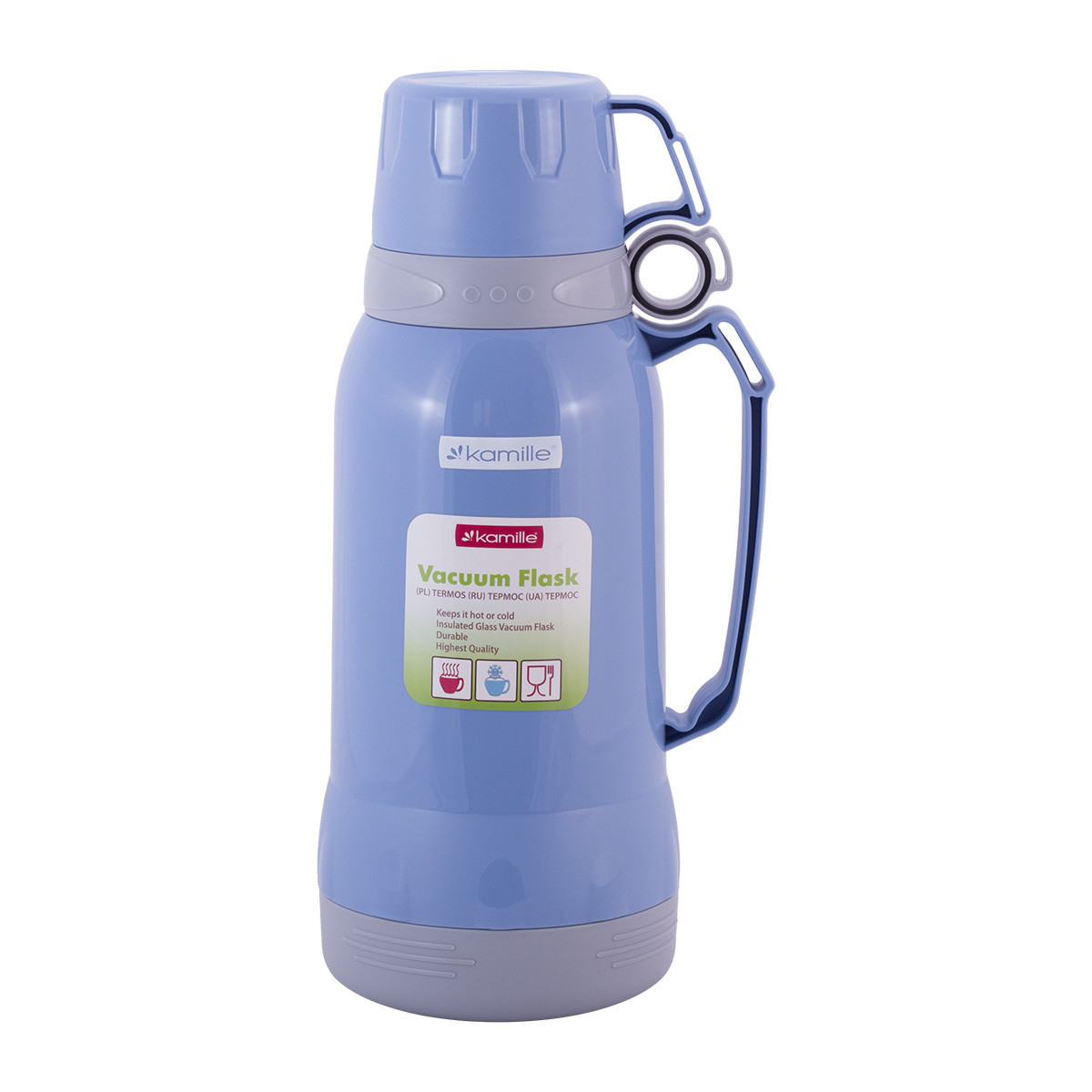 Термос Kamille пластиковий зі скляною колбою та двома чашками блакитний 1800мл KM-2024, фото 1