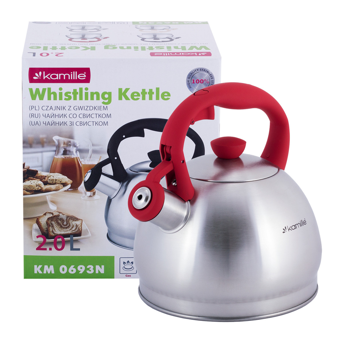 Чайник Kamille Червоний 2л з нержавіючої сталі зі свистком KM-0693NKR, фото 1