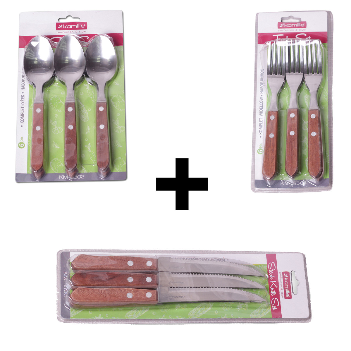 Набір столових приладів 18 предметів з нержавіючої сталі з дерев'яними ручками, фото 1