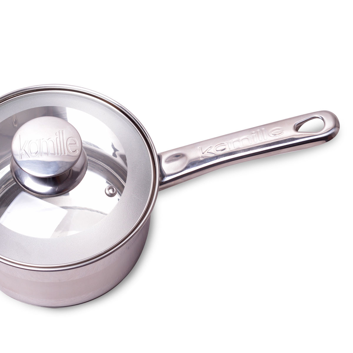 Ківш Kamille KM-4526S 2.1 л з нержавіючої сталі з кришкою з сатиновим напиленням і порожнистими ручками, фото 1