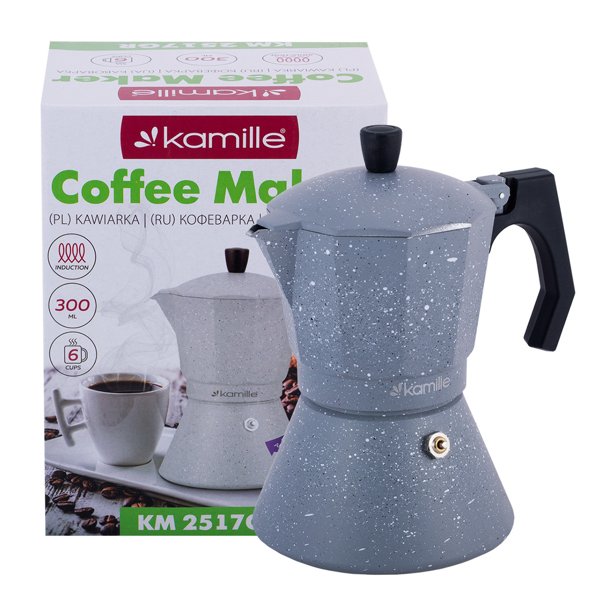 Гейзерна кавоварка Kamille KM-2517GR 300мл (6 порцій) з алюмінію з широким індукційним дном