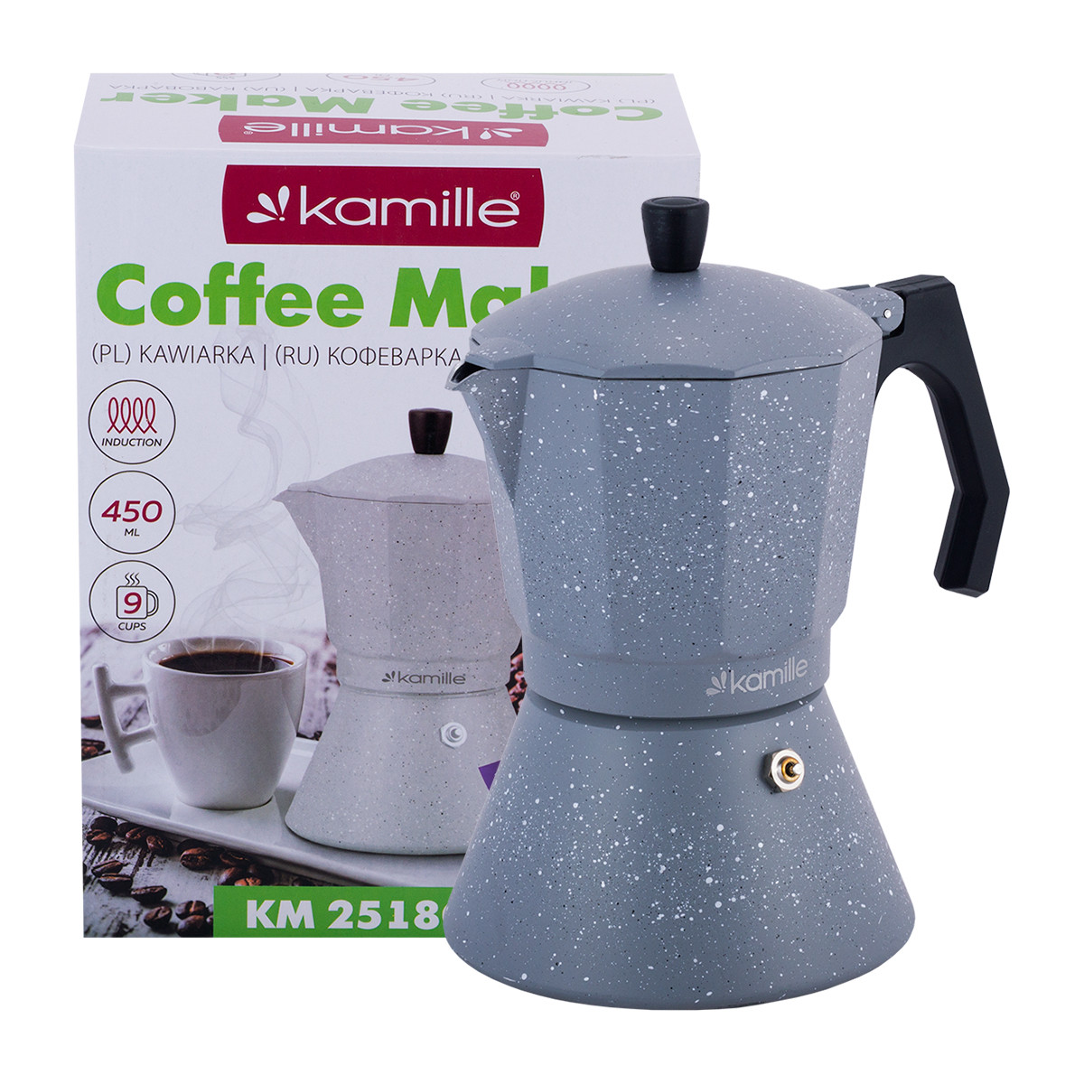 Гейзерна кавоварка Kamille KM-2518GR 450мл (9 порцій) з алюмінію з широким індукційним дном