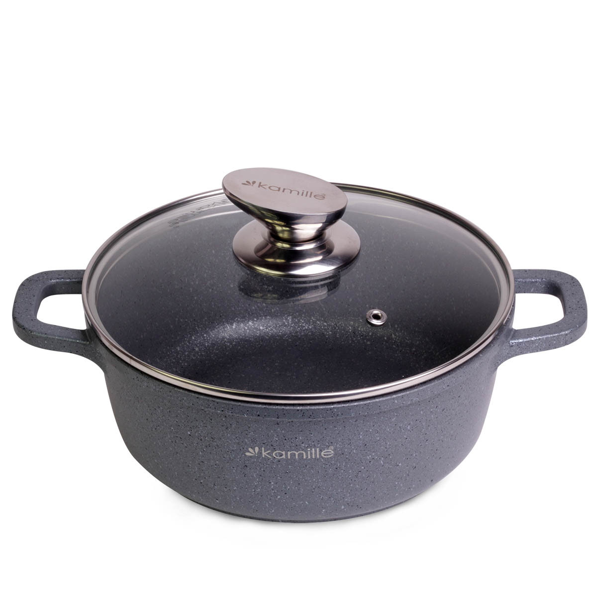 Каструля Kamille KM-4424 20*8,5 cm з литого алюмінію з антипригарним покриттям і скляною кришкою для індукції