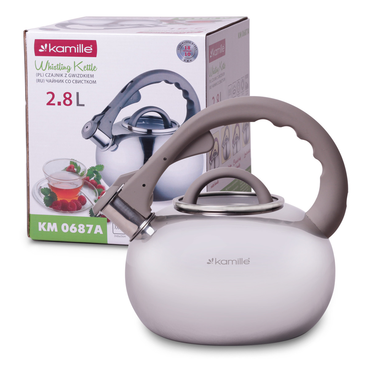 Чайник Kamille KM-0687A 2.8 л з нержавіючої сталі зі свистком і скляною кришкою для індукції, фото 1