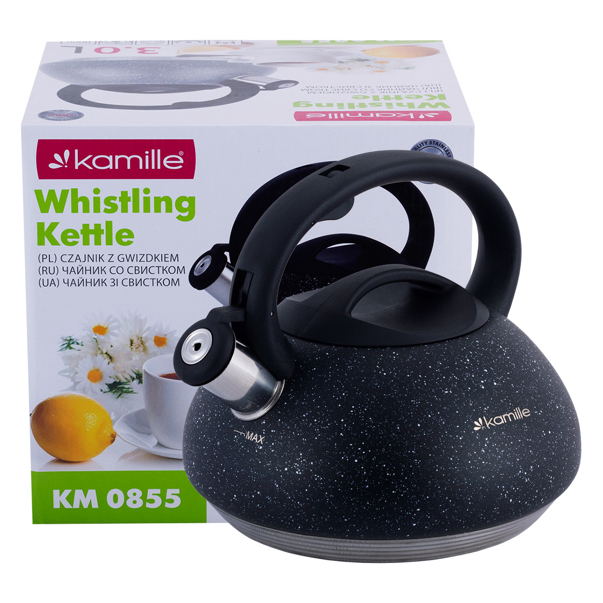 Чайник Kamille KM-0855 Чорний 3л з нержавіючої сталі зі свистком і бакелітовою ручкою для індукції і газу