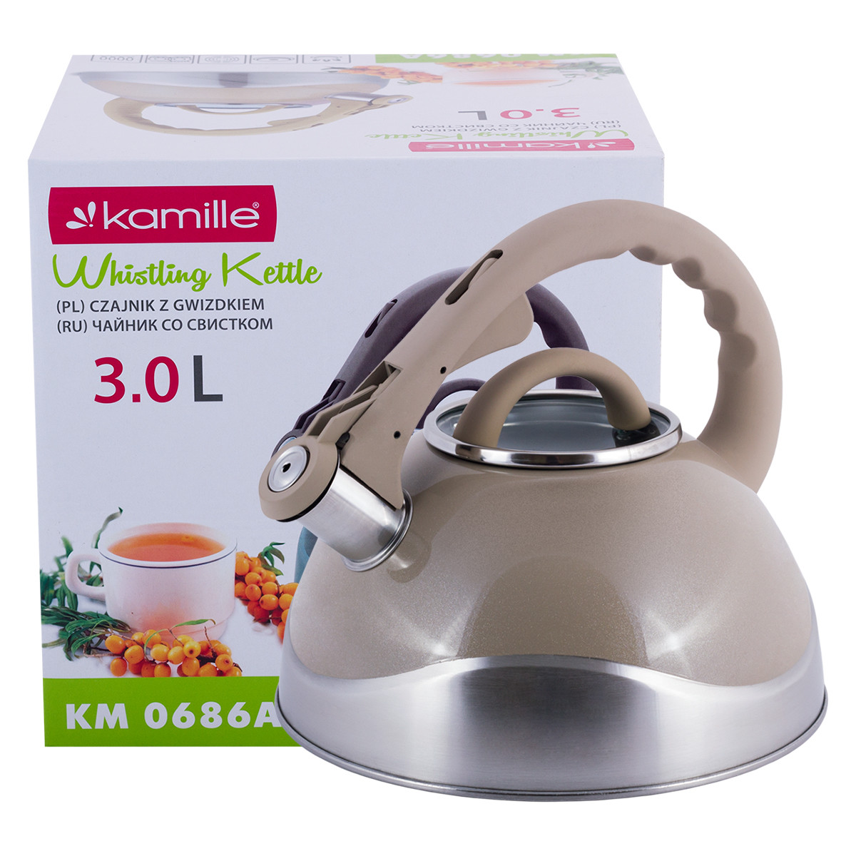 Чайник Kamille KM-0686A Бежевий 3л з нержавіючої сталі зі свистком і скляною кришкою для індукції і газу