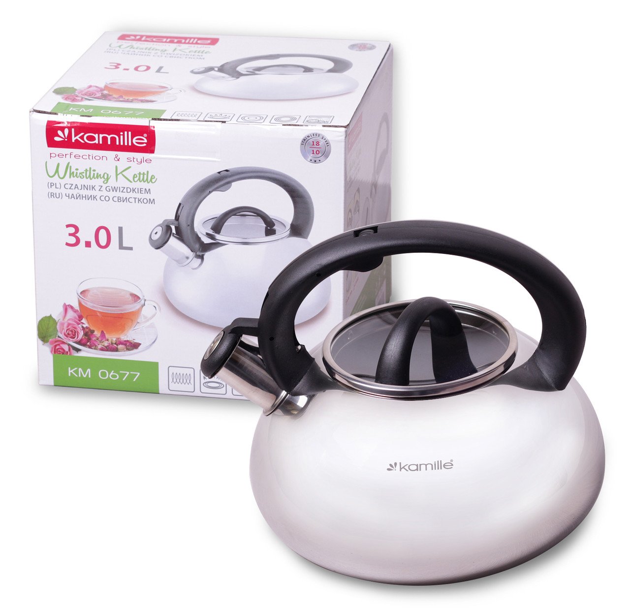 Чайник Kamille KM-0677 3л з нержавіючої сталі зі свистком і скляною кришкою, фото 1