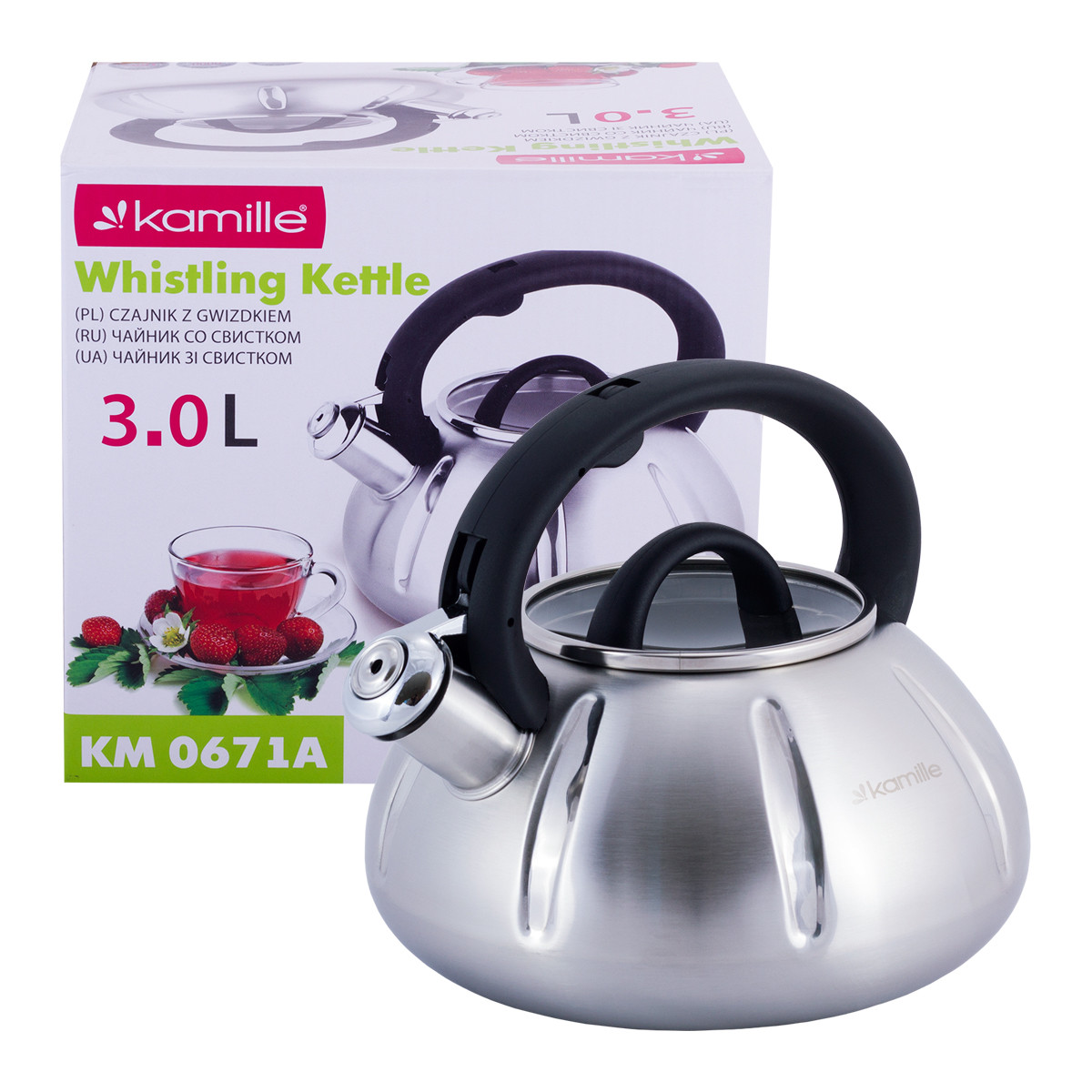 Чайник Kamille KM-0671A 3л з нержавіючої сталі зі свистком і скляною кришкою для індукції
