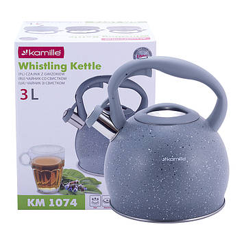 Чайник із нержавіючої сталі Kamille KM-1074GR 3л зі свистком і ручкою soft touch.