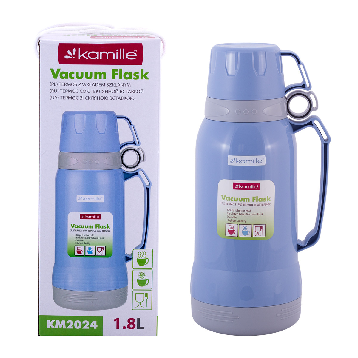 Термос пластиковий зі скляною колбою та двома чашками блакитний 1800мл Kamille KM-2024, фото 1