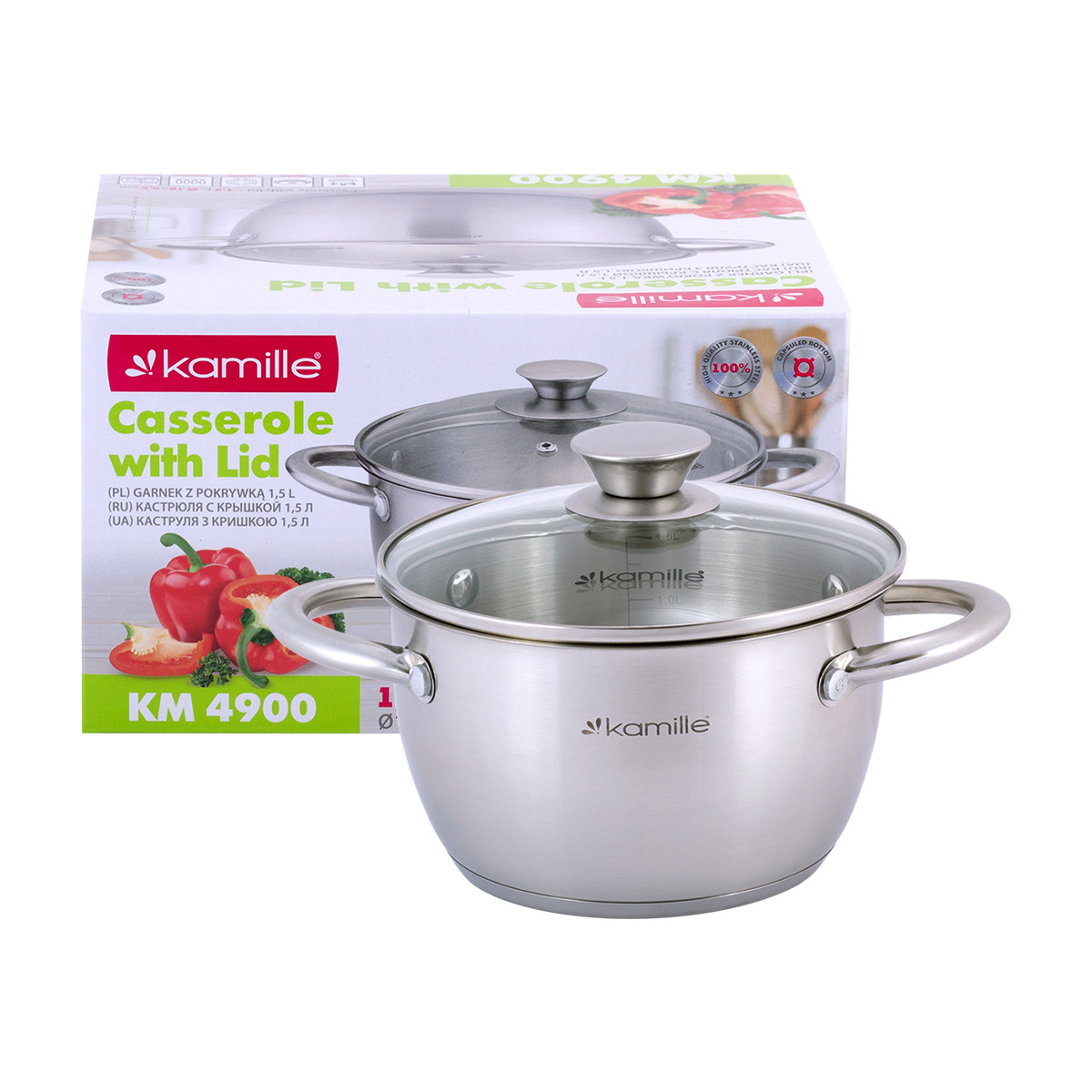 Каструля з нержавіючої сталі з кришкою із жароміцного скла 1.5л для індукції та газу Kamille KM-4900, фото 1