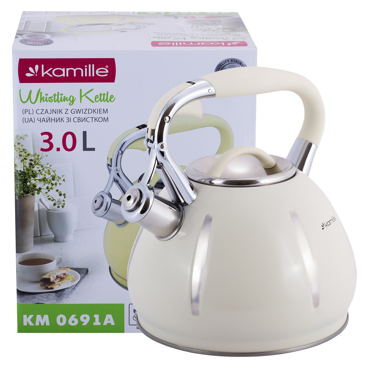 Чайник із нержавіючої сталі зі свистком Kamille KM-0691A Бежевий (3 л)