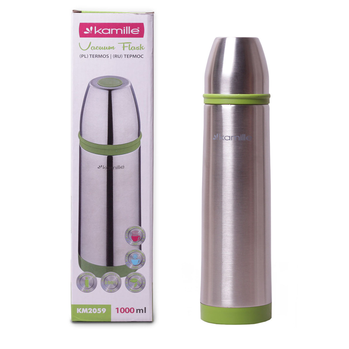 Термос питний зелений із нержавіючої сталі без ручки 1000мл з чохлом Kamille KM-2059, фото 1