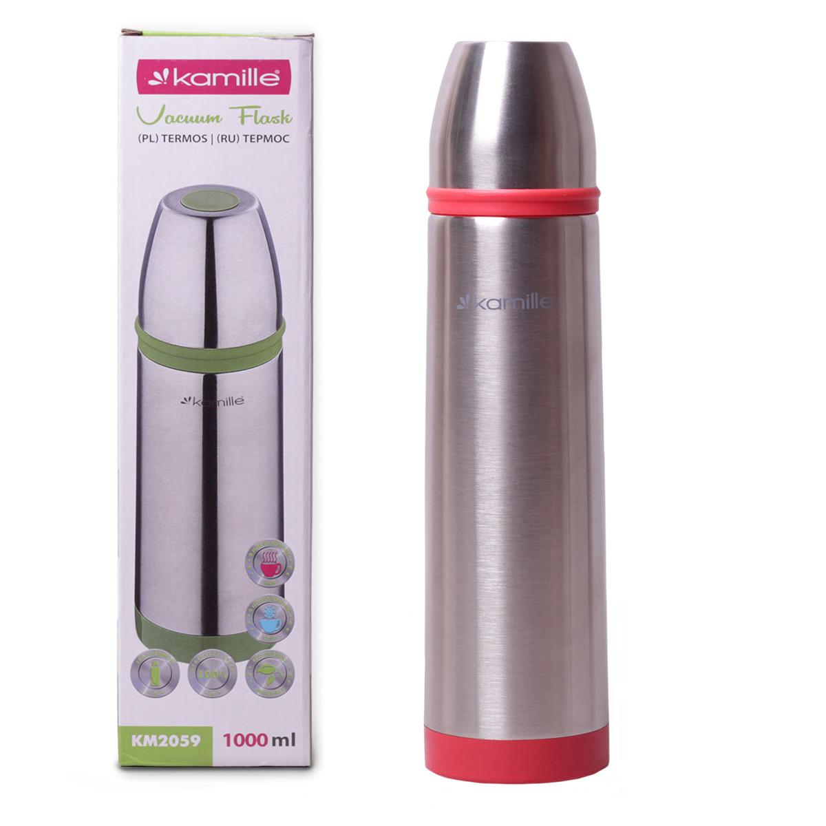 Термос питний червоний із нержавіючої сталі без ручки 1000мл з чохлом Kamille KM-2059, фото 1