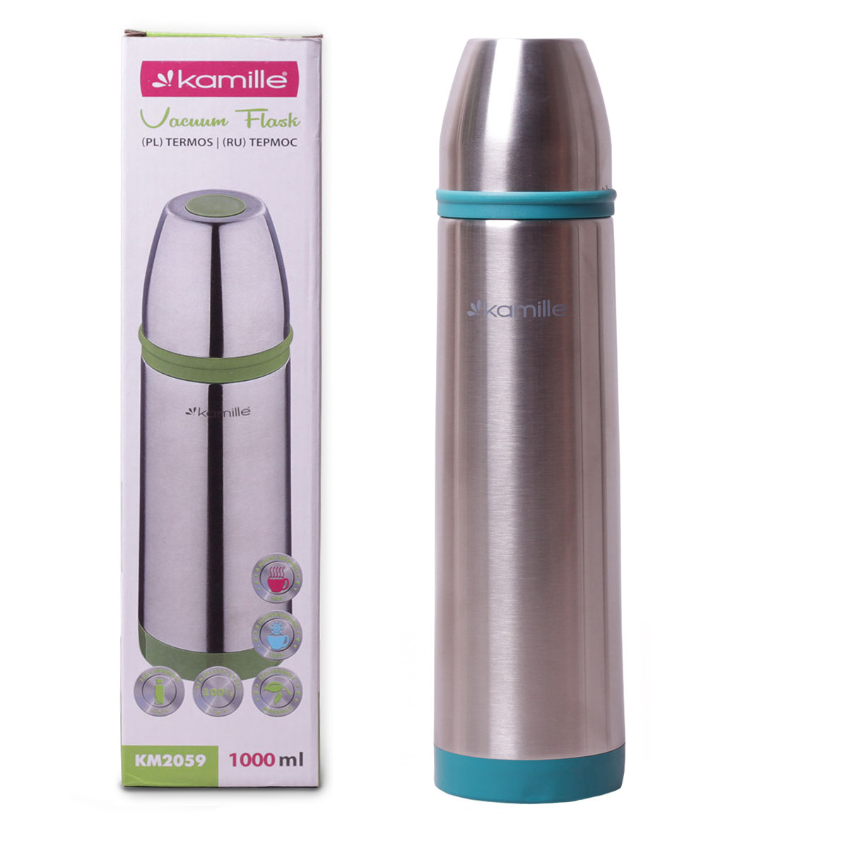 Термос питний синій з нержавіючої сталі без ручки 1000мл з чохлом Kamille KM-2059, фото 1