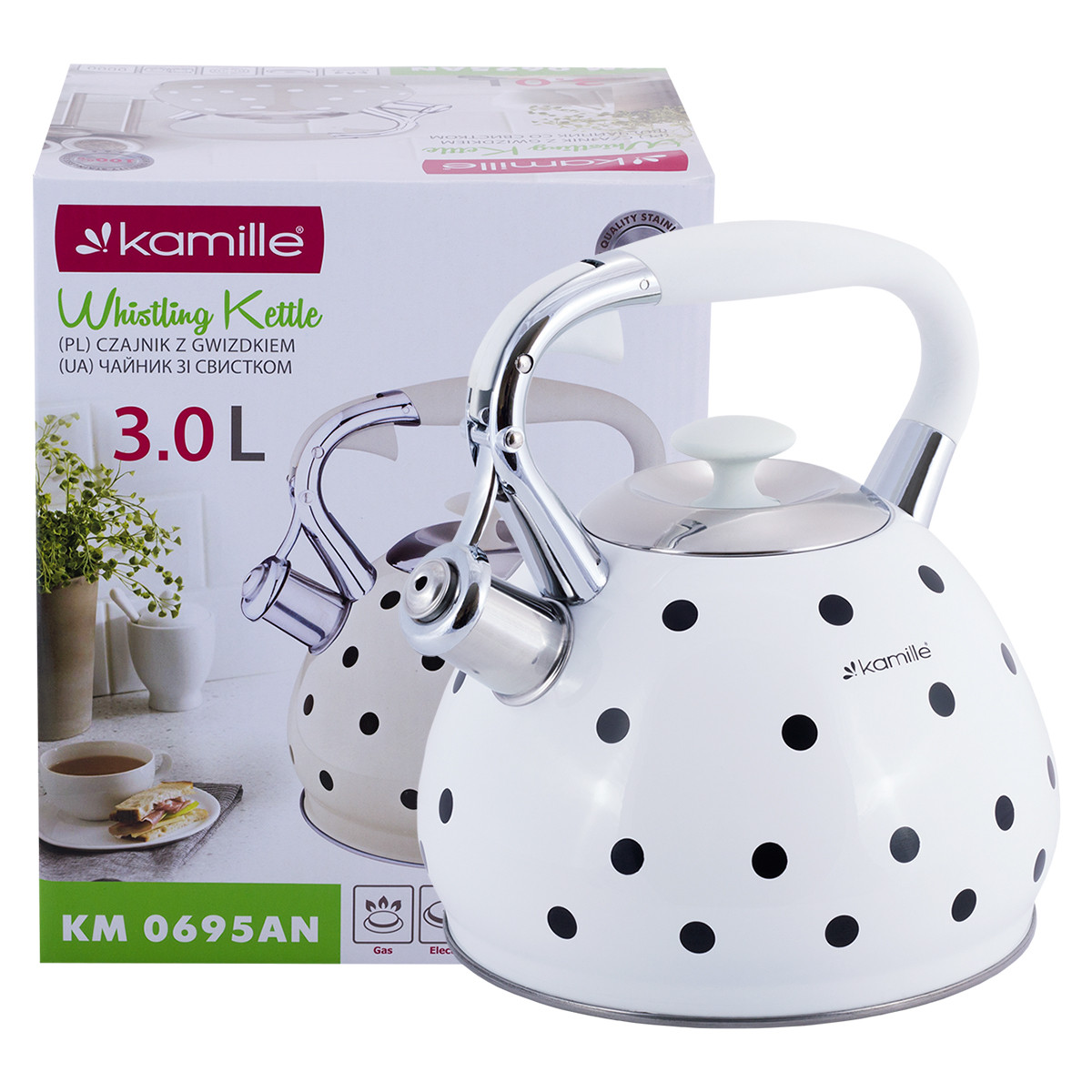 Чайник з нержавіючої сталі Kamille KM-0695WH 3 л зі свистком і ручкою «soft-touch»