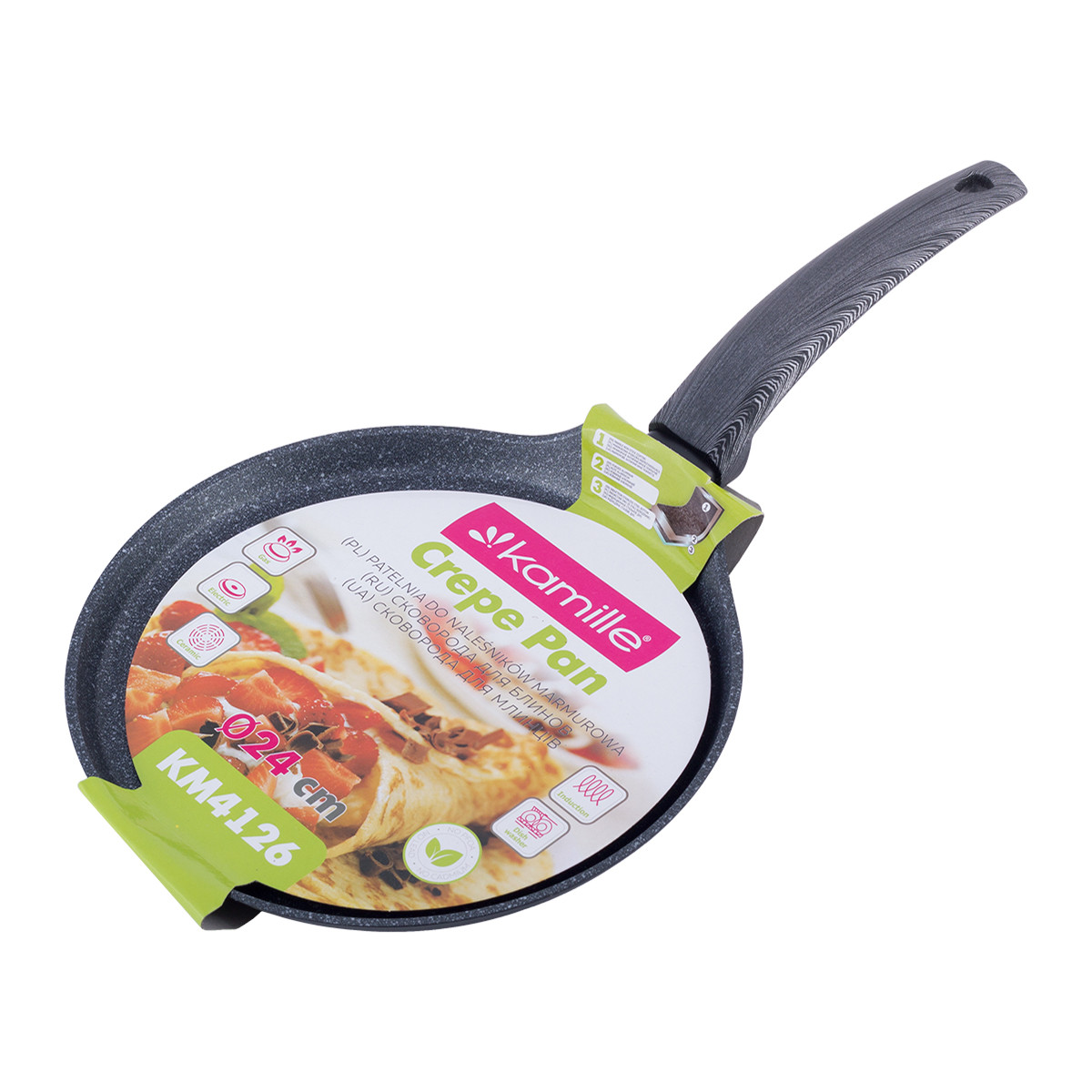 Сковорода млинець з алюмінію з антипригарним покриттям Black marble 24см для індукції та газу Kamille KM-4126, фото 1