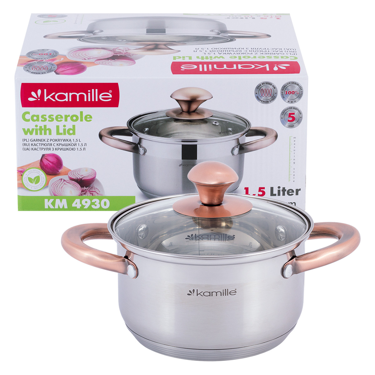Каструля з кришкою 1.5л з нержавіючої сталі з 5-шаровим дном та порожнистими ручками для плити Kamille KM-4930, фото 1