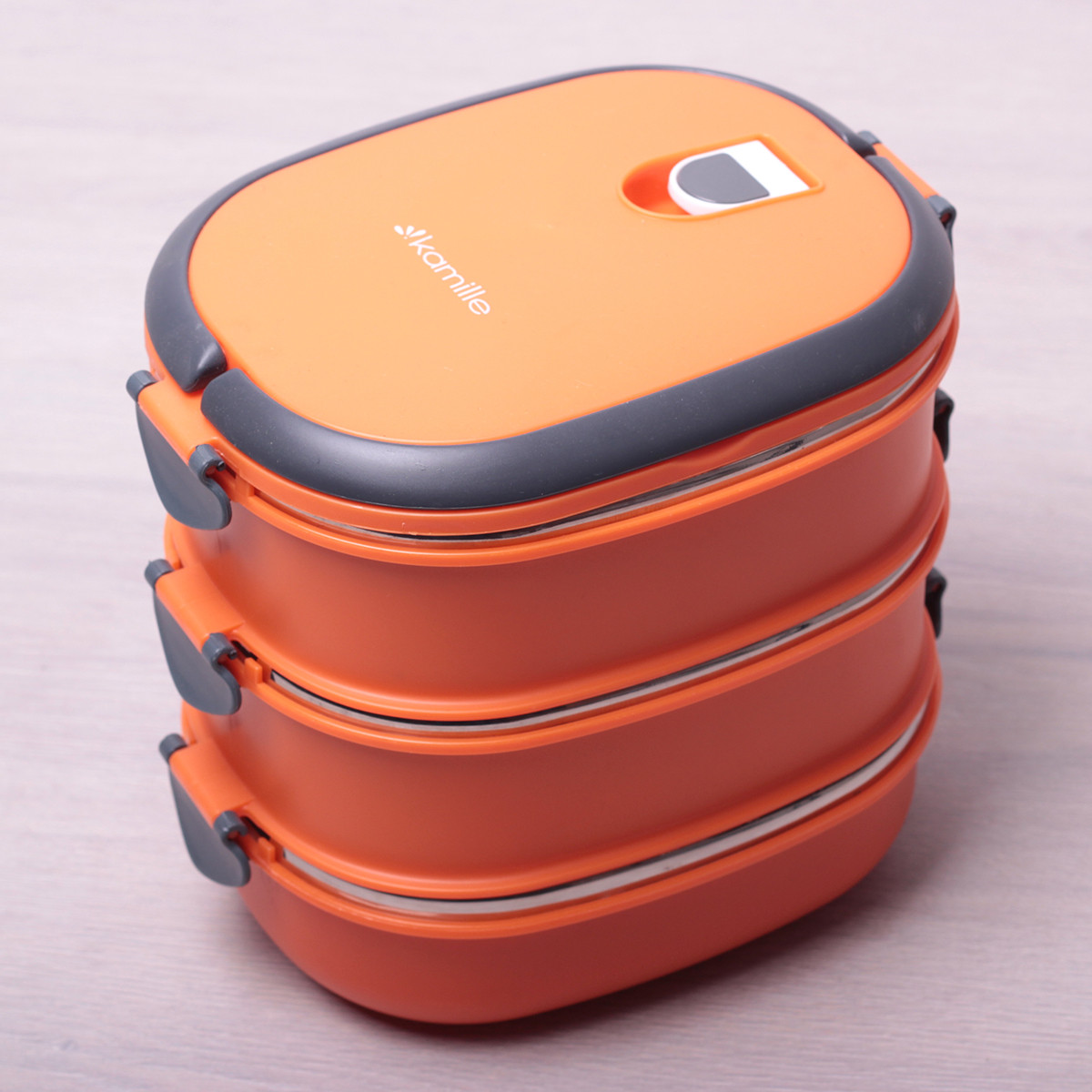 Ланч бокс для обідів помаранчевий потрійний із пластику та нержавіючої сталі 2700мл Kamille KM-2110, фото 1