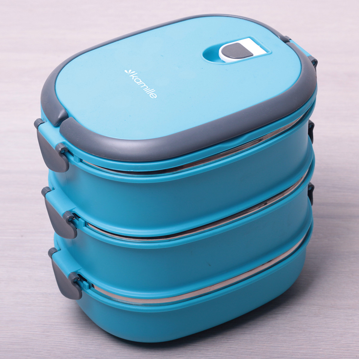 Ланч бокс для обідів блакитний потрійний із пластику та нержавіючої сталі 2700мл Kamille KM-2110, фото 1