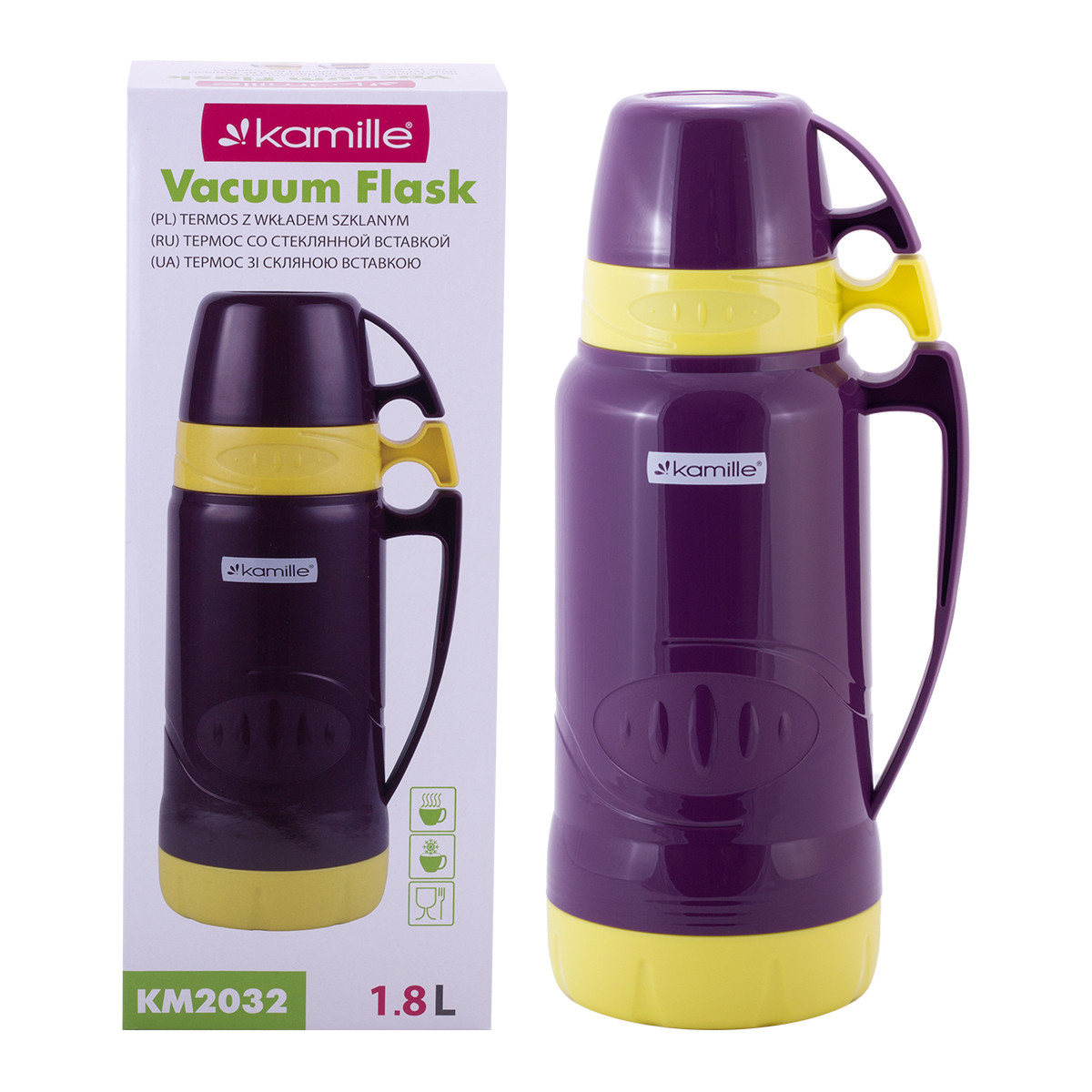 Термос питний фіолетовий пластиковий зі скляною колбою 1800мол Kamille KM-2032, фото 1