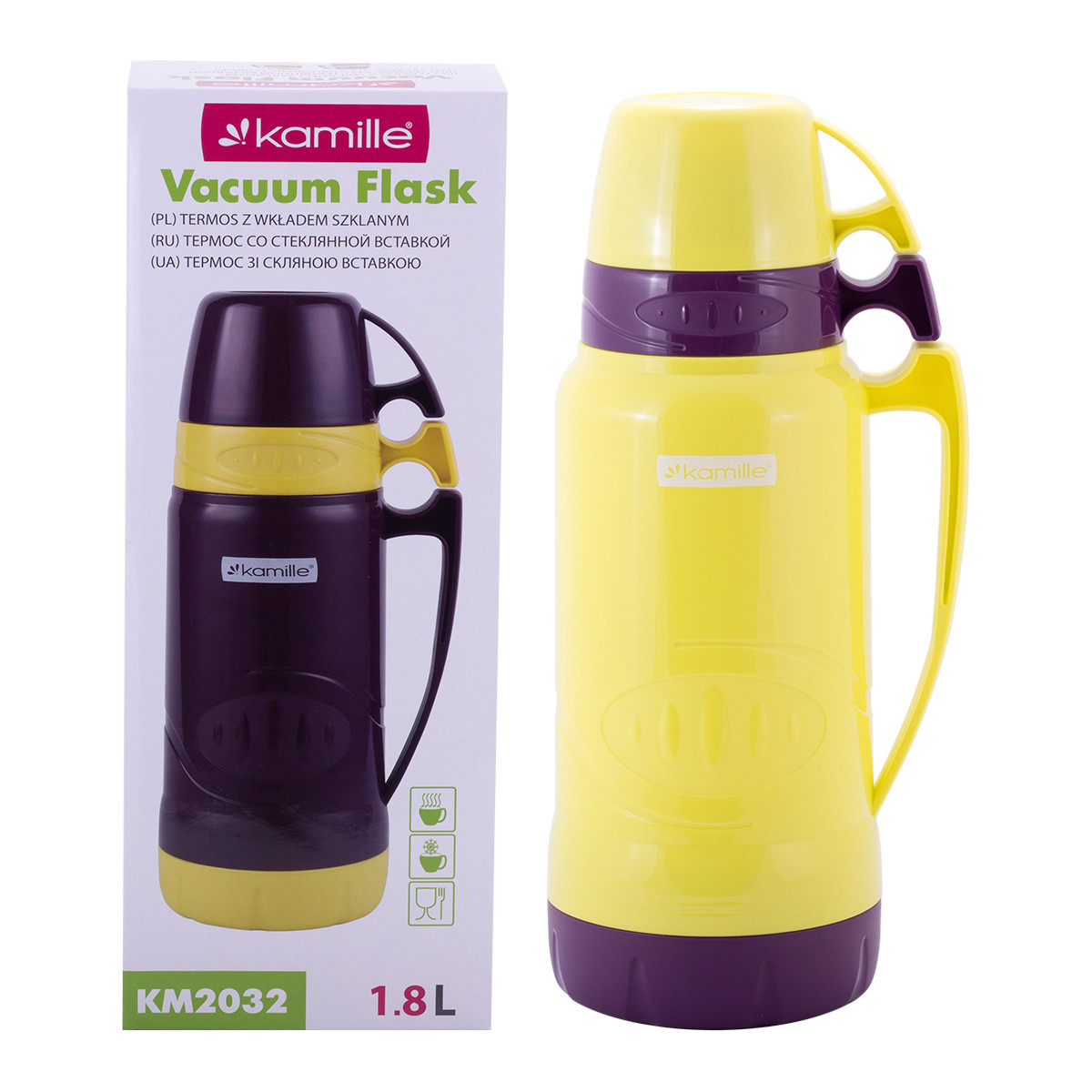 Термос Жовтий пластиковий питний жовтий зі скляною колбою 1800мл Kamille KM-2032, фото 1
