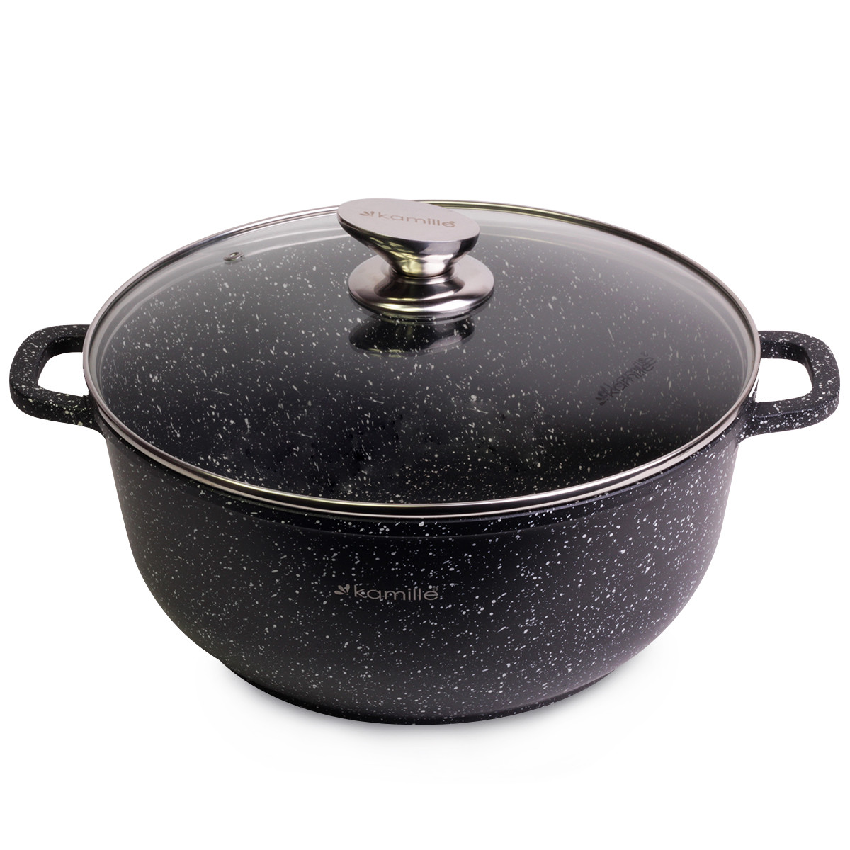 Каструля Kamille KM-4406 28*12,5 cm з литого алюмінію з антипригарним покриттям і скляною кришкою для індукції