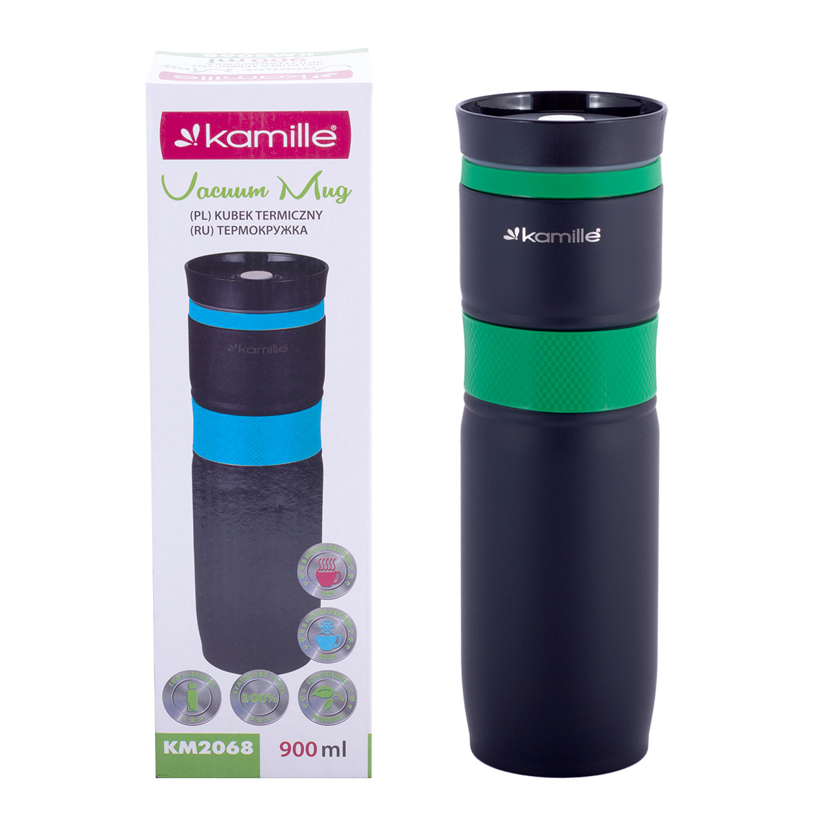 Термокухоль зелений з нержавіючої сталі з TPR-вставкою 900мл Kamille KM-2068, фото 1