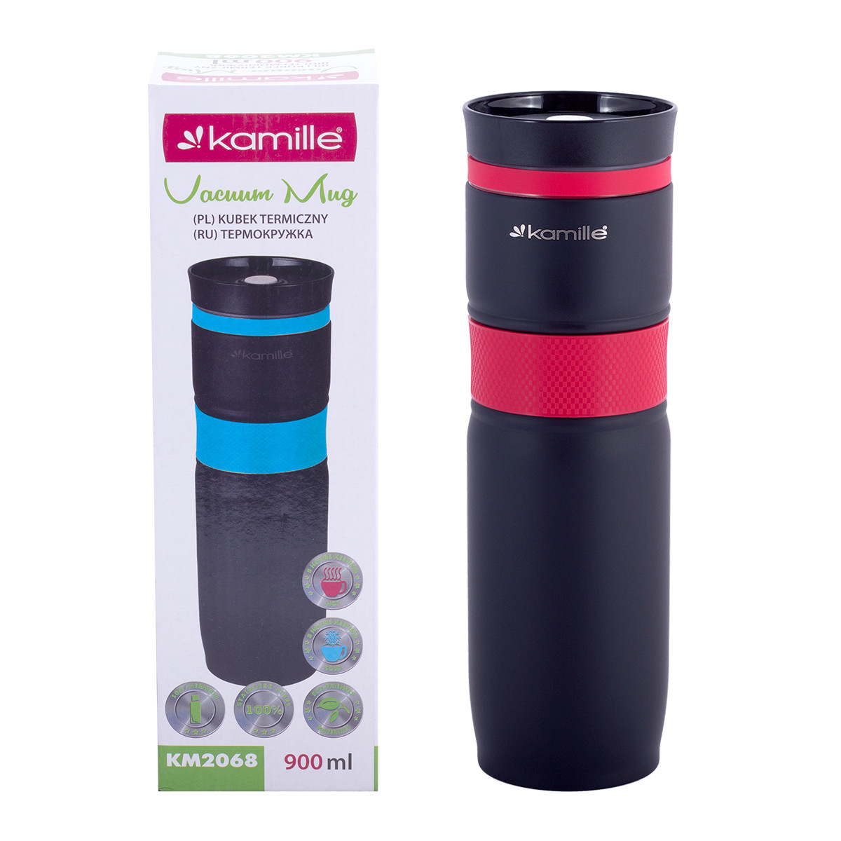 Термокухоль червоний з нержавіючої сталі з TPR-вставкою 900мл Kamille KM-2068, фото 1