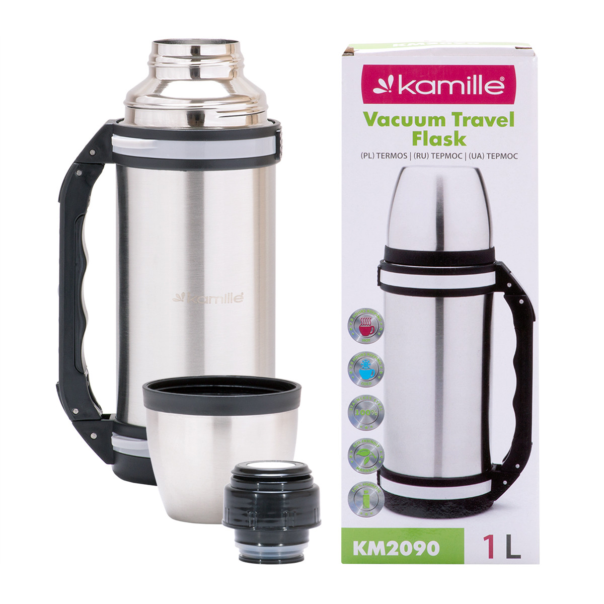 Термос із чашкою з нержавіючої сталі з ручкою та ремінцем (1 л) Kamille KM-2090, фото 1