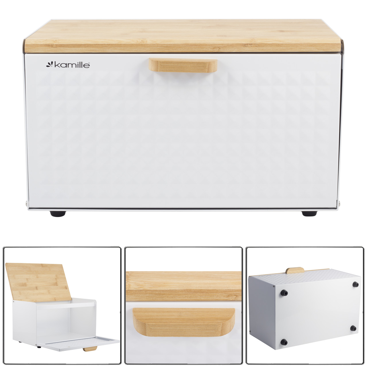 Хлібниця Kamille KM-1119 Білий 35,5*21,5*19,5 см із нержавіючої сталі і бамбука