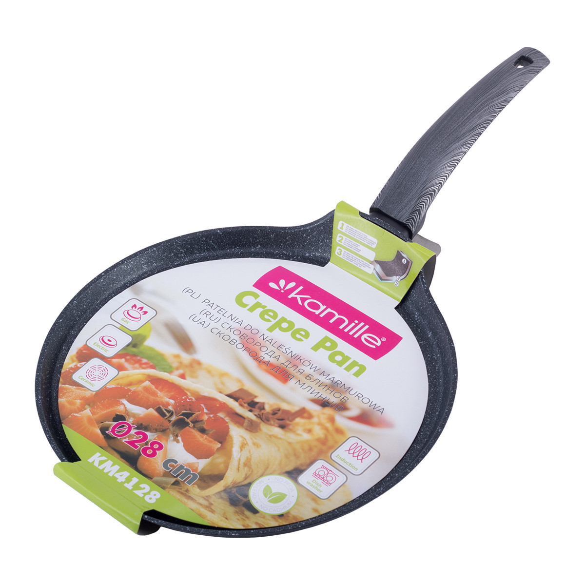 Млинна сковорода з антипригарним покриттям Black marble з алюмінію для індукції та газу 28 см Kamille KM-4128, фото 1