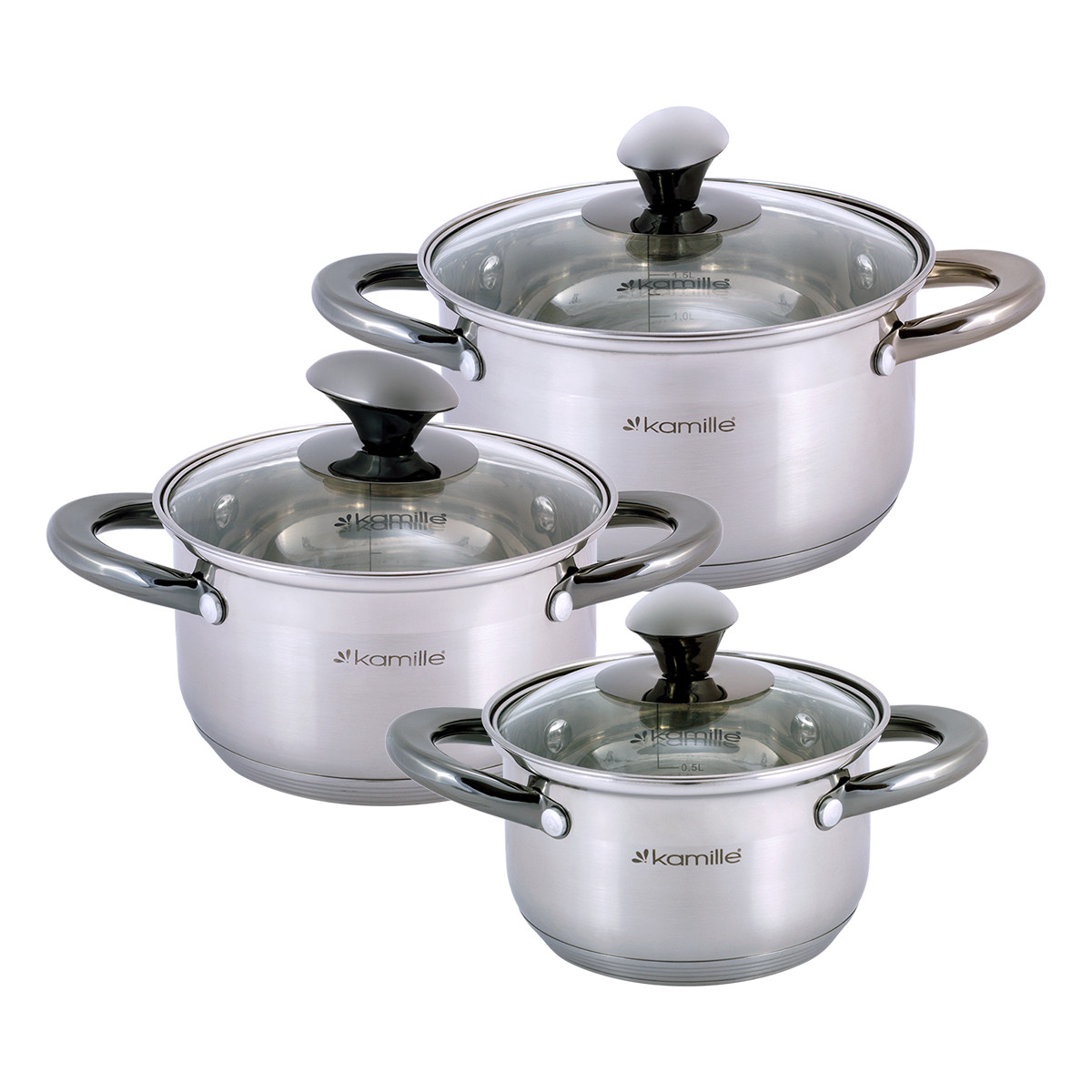 Набір каструль Kamille KM-4926 з нержавіючої сталі 6 предметів для індукції і газу (1.0 л, 1.5 л, 2.0 л), фото 1