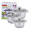 Набір каструль Kamille KM-4915 з нержавіючої сталі 6 предмету для індукції і газу (1.5 л, 2.0 л, 3.0 л), фото 2