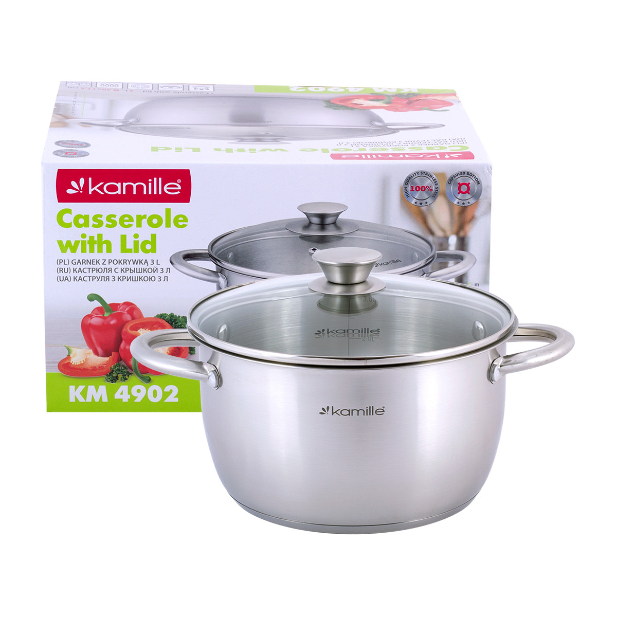 Каструля з кришкою з нержавіючої сталі та порожнистими ручками для індукції та газу (3 л) Kamille KM-4902, фото 1