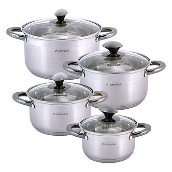 Набір каструль Kamille KM-4927 з нержавіючої сталі 8 предметів для індукції і газу (1.5 л, 2.0 л, 3.0 л, 5.0 л)